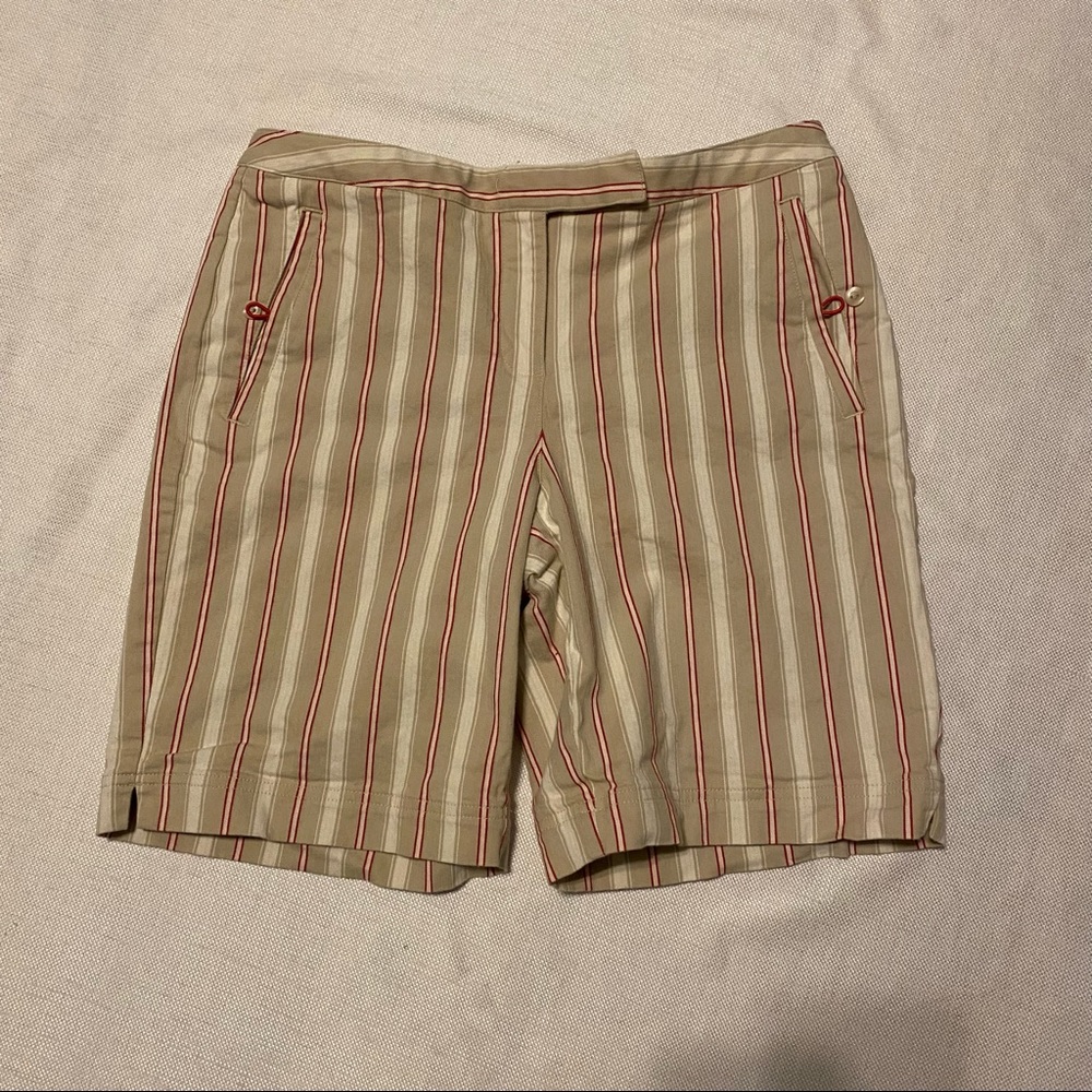 Liz golf size 10 golf shorts with tan, white and red stripes.